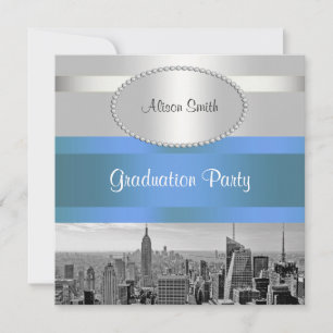 NYC Skyline BW 05 Wit Blauw 2 Afstuderen Invite Kaart