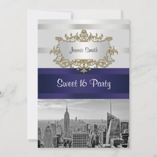 NYC Skyline BW 05 Wit Navy 2 Sweet 16 Uitnodiging