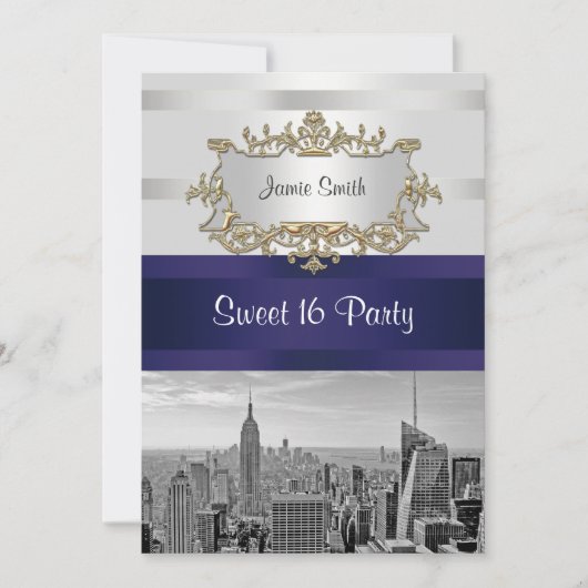 NYC Skyline BW 05 Wit Navy 2 Sweet 16 Uitnodiging (Voorkant)