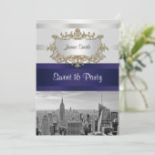 NYC Skyline BW 05 Wit Navy 2 Sweet 16 Uitnodiging (Staand voorkant)