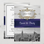 NYC Skyline BW 05 Wit Navy 2 Sweet 16 Uitnodiging (Voorkant / Achterkant)
