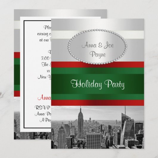 NYC Skyline BW 05 Wit, Rood Groen Kerstmis Kaart (Voorkant / Achterkant)