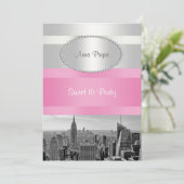 NYC Skyline BW 05 Wit, Roze Sweet 16 Party Kaart (Staand voorkant)