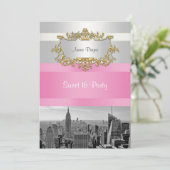 NYC Skyline BW 05 Wit, Roze Sweet 16 Party Kaart (Staand voorkant)