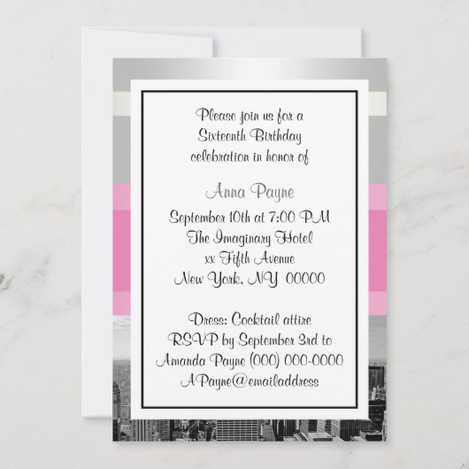 NYC Skyline BW 05 Wit, Roze Sweet 16 Party Kaart (Achterkant)