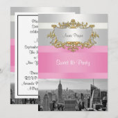 NYC Skyline BW 05 Wit, Roze Sweet 16 Party Kaart (Voorkant / Achterkant)