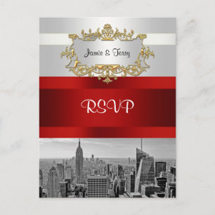 NYC Skyline BW 05 Witte Rode RSVP-ansichtkaart Uitnodiging Briefkaart