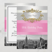NYC Skyline BW 05 Witte, Roze Verjaardag Uitnodige Kaart (Voorkant / Achterkant)