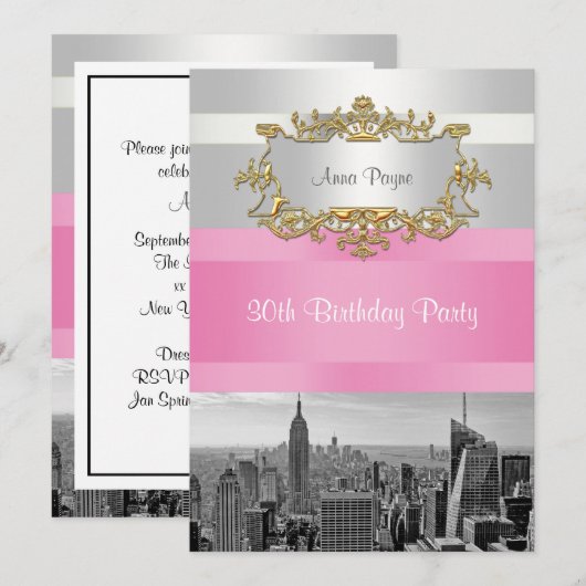 NYC Skyline BW 05 Witte, Roze Verjaardag Uitnodige Kaart (Voorkant / Achterkant)