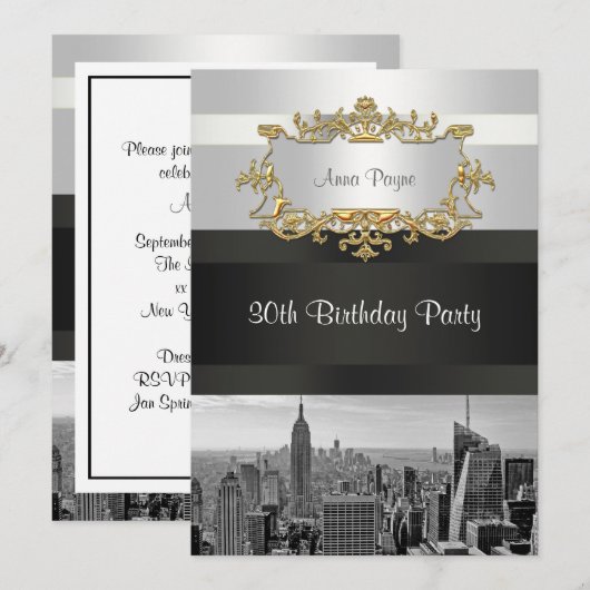 NYC Skyline BW 05 Witte, Zwarte Verjaardag Uitnodi Kaart (Voorkant / Achterkant)