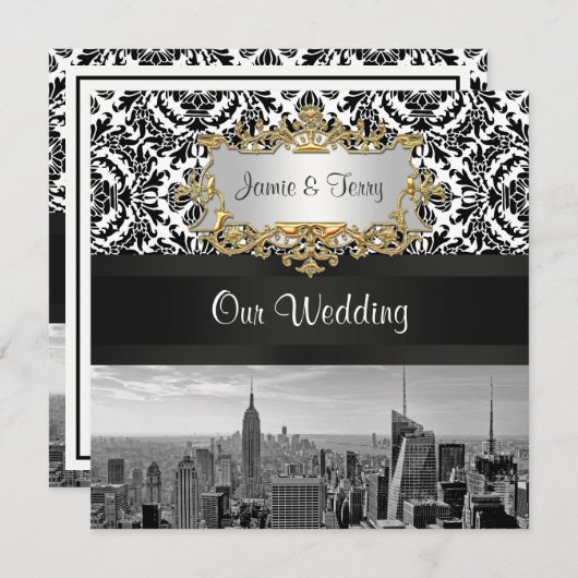 NYC Skyline BW 431 Damask bruiloft uitnodiging (Voorkant / Achterkant)