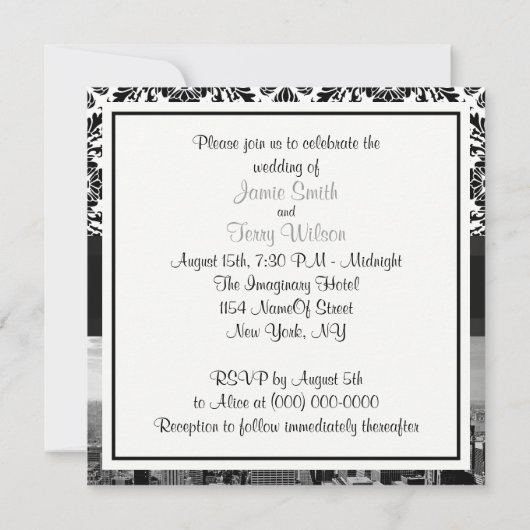 NYC Skyline BW 431 Damask bruiloft uitnodiging (Achterkant)