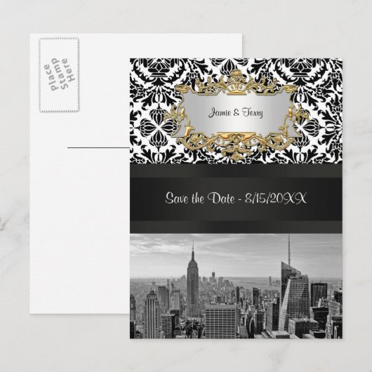 NYC Skyline BW 431 Damask Save the Date Briefkaart (Voorkant / Achterkant)