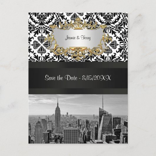 NYC Skyline BW 431 Damask Save the Date Briefkaart (Voorkant)