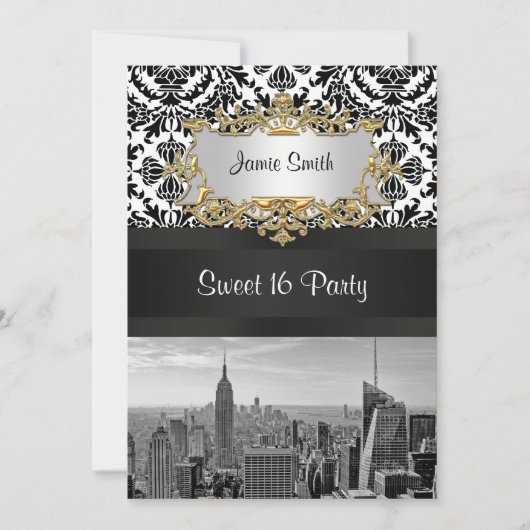 NYC Skyline BW 431 Damask Sweet 16 Party Invite V Kaart (Voorkant)