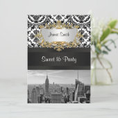 NYC Skyline BW 431 Damask Sweet 16 Party Invite V Kaart (Staand voorkant)