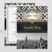 NYC Skyline BW 431 Damask Sweet 16 Party Invite V Kaart (Voorkant / Achterkant)