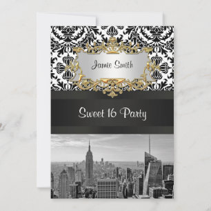 NYC Skyline BW 431 Damask Sweet 16 Party Invite V Kaart
