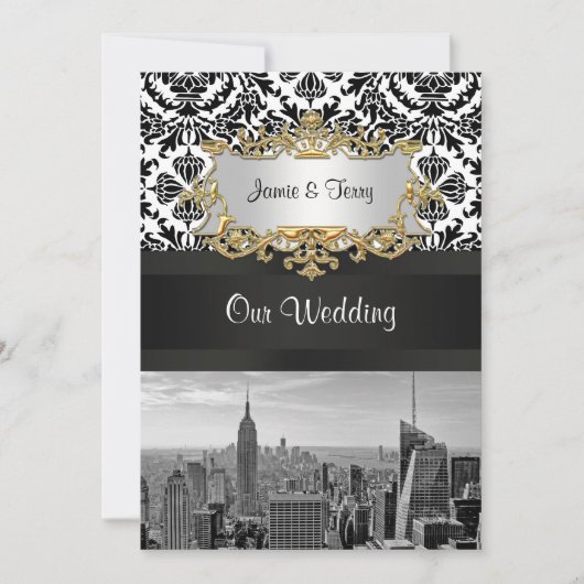 NYC Skyline BW 431 Damask Wedding Invitation V Kaart (Voorkant)