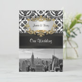 NYC Skyline BW 431 Damask Wedding Invitation V Kaart (Staand voorkant)
