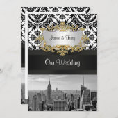 NYC Skyline BW 431 Damask Wedding Invitation V Kaart (Voorkant / Achterkant)