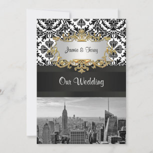 NYC Skyline BW 431 Damask Wedding Invitation V Kaart