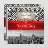 NYC Skyline BW 432 Damask - Sweet 16 Party Invite Kaart (Voorkant / Achterkant)
