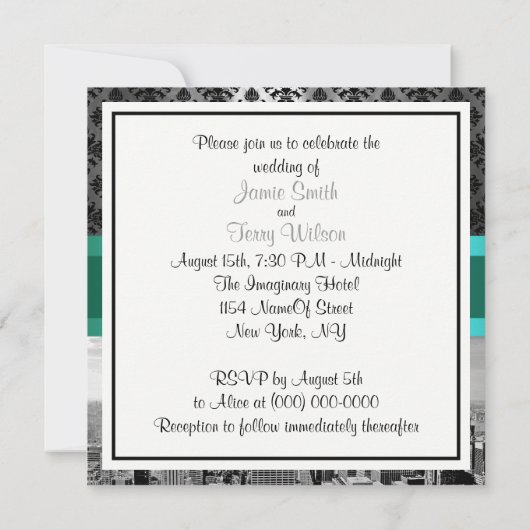 NYC Skyline BW B3 Damask bruiloft uitnodiging F2 (Achterkant)