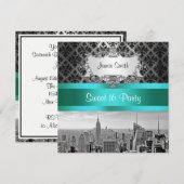 NYC Skyline BW B3 Damask - Sweet 16 Party Invite Kaart (Voorkant / Achterkant)