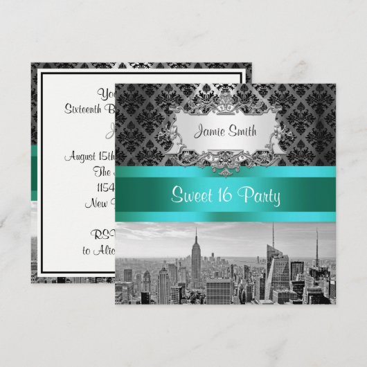 NYC Skyline BW B3 Damask - Sweet 16 Party Invite Kaart (Voorkant / Achterkant)
