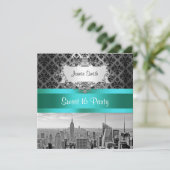 NYC Skyline BW B3 Damask - Sweet 16 Party Invite Kaart (Staand voorkant)