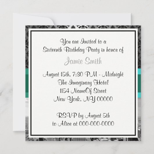 NYC Skyline BW B3 Damask - Sweet 16 Party Invite Kaart (Achterkant)