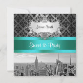 NYC Skyline BW B3 Damask - Sweet 16 Party Invite Kaart (Voorkant)