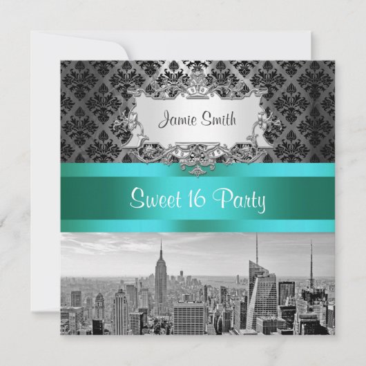 NYC Skyline BW B3 Damask - Sweet 16 Party Invite Kaart (Voorkant)