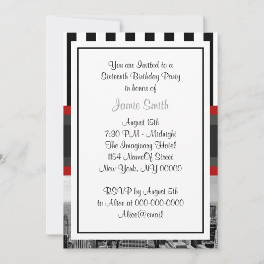 NYC Skyline BW Black White Stripe 2P Sweet 16 Kaart (Achterkant)