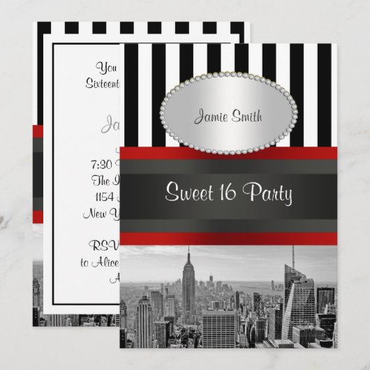 NYC Skyline BW Black White Stripe 2P Sweet 16 Kaart (Voorkant / Achterkant)
