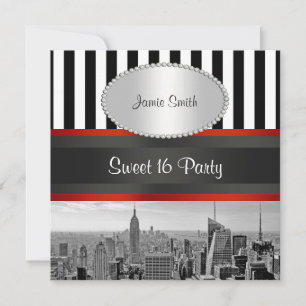 NYC Skyline BW Black White Stripe P Sweet 16 Party Kaart
