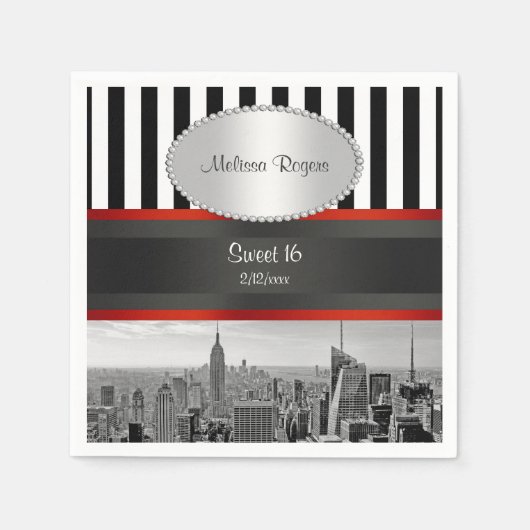 NYC Skyline BW Black White Stripe P Sweet 16 Servet (Voorkant)