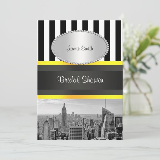 NYC Skyline BW Blk Whk Strp Yellow P Vrijgezellenf Kaart (Staand voorkant)