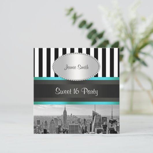 NYC Skyline BW Blk Wht Strp Blauwgroen P Sweet 16  Kaart (Staand voorkant)