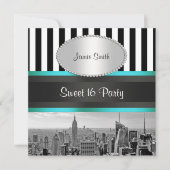 NYC Skyline BW Blk Wht Strp Blauwgroen P Sweet 16  Kaart (Voorkant)