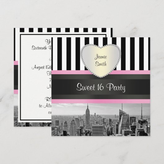 NYC Skyline BW BLK WHT STRP Pink H Sweet 16 Party Kaart (Voorkant / Achterkant)