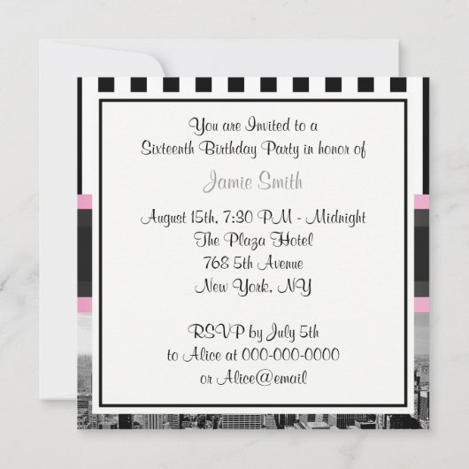 NYC Skyline BW BLK WHT STRP Pink H Sweet 16 Party Kaart (Achterkant)
