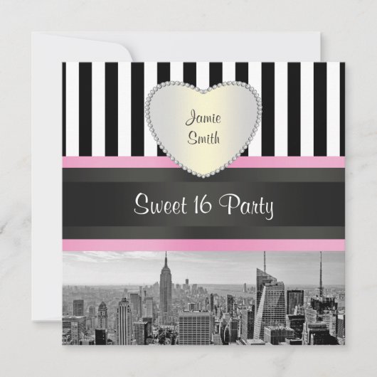 NYC Skyline BW BLK WHT STRP Pink H Sweet 16 Party Kaart (Voorkant)