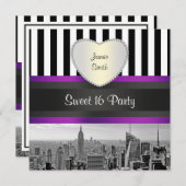NYC Skyline BW BLK WHT STRP Purpl H Sweet 16 Party Kaart (Voorkant / Achterkant)