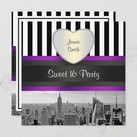 NYC Skyline BW BLK WHT STRP Purpl H Sweet 16 Party Kaart (Voorkant / Achterkant)