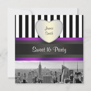 NYC Skyline BW BLK WHT STRP Purpl H Sweet 16 Party Kaart