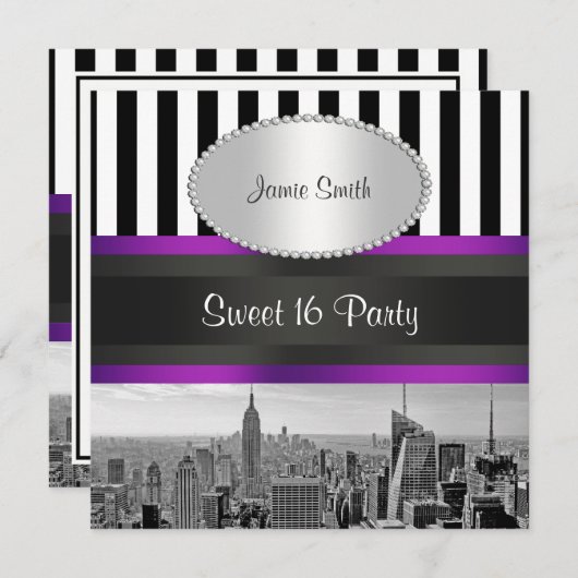 NYC Skyline BW Blk Wht Strp Purpl P Sweet 16 Party Kaart (Voorkant / Achterkant)