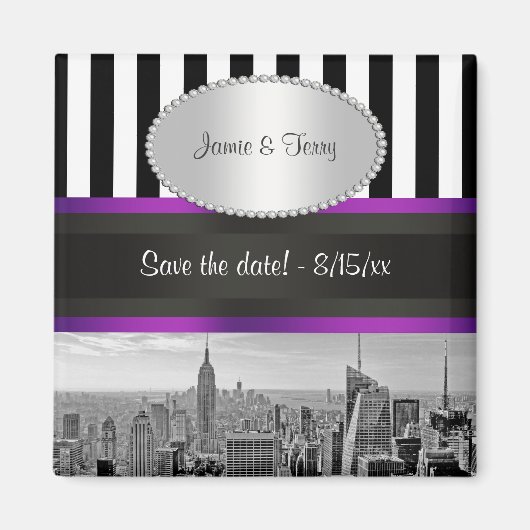 NYC Skyline BW Blk Wit Paars P Opslagdatum Magneet (Voorkant)