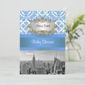 NYC Skyline BW D4 Damask Baby shower nodigt V uit Kaart (Staand voorkant)